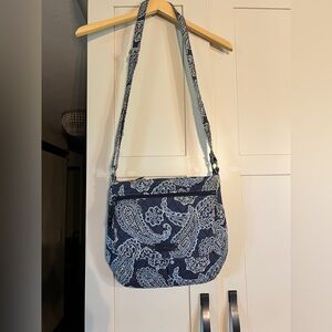 Vera Bradley double zip mailbag, blue bandana, strap worn on edges